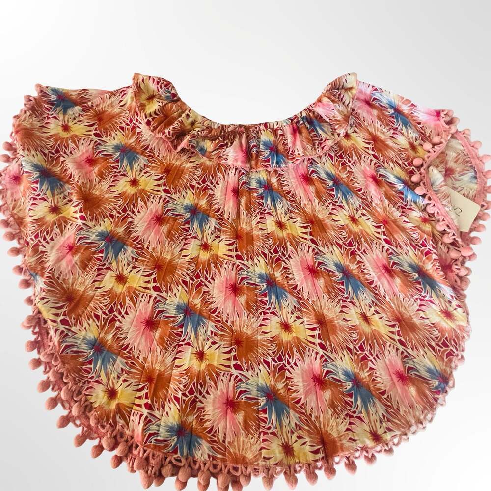 Tropical Sunburst Print Ruffle Pom Pom Poncho Cover-Up - Picture 3 of 4